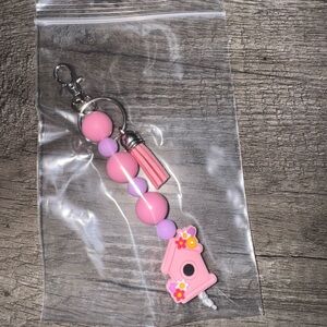 Pink and Purple Beaded Keychain with Birdhouse Charm